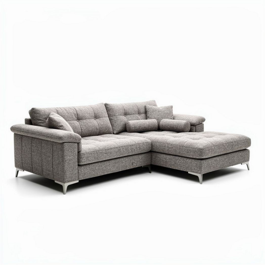 Hoekbank van stof met kussens in lichtgrijze kleur 240 x 160 x 85cm