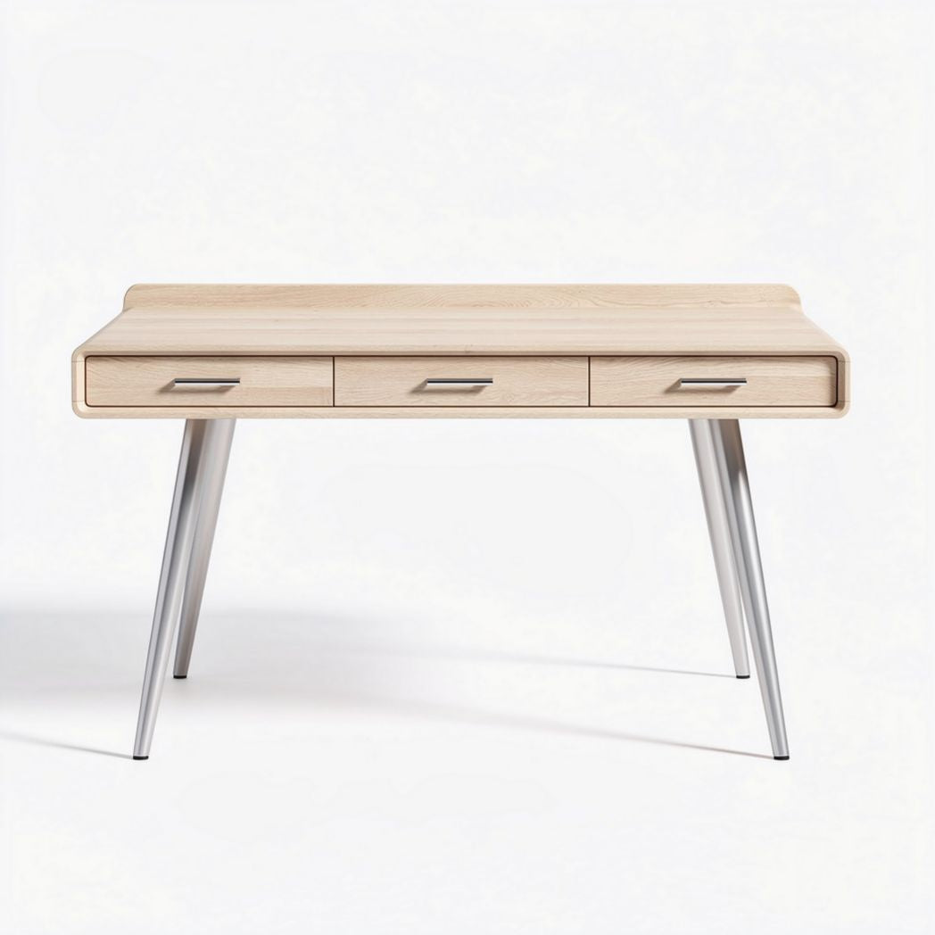Houten bureau met metalen poten en drie lades 120 x 60 x 75cm