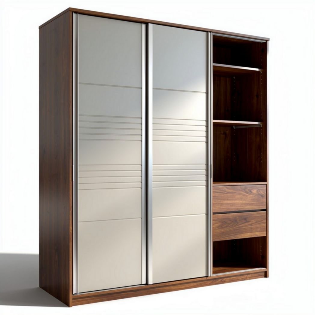 Kast van donkerbruin hout met spiegeldeuren en open vakken 175 x 100 x 50cm