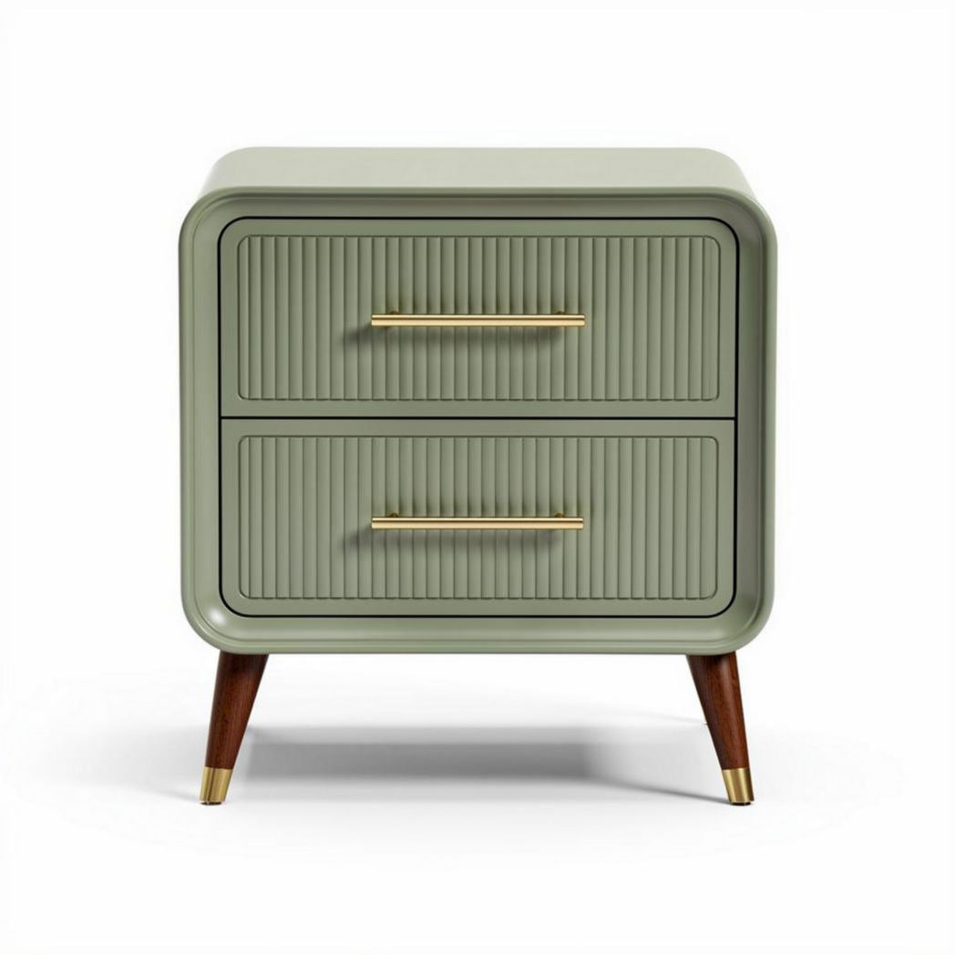Groene nachtkast met metalen handvatten en houten poten 45 x 40 x 55cm