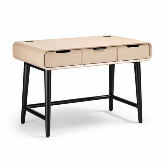 Bureau van hout met drie lades en zwart metalen poten 120 x 60 x 75cm