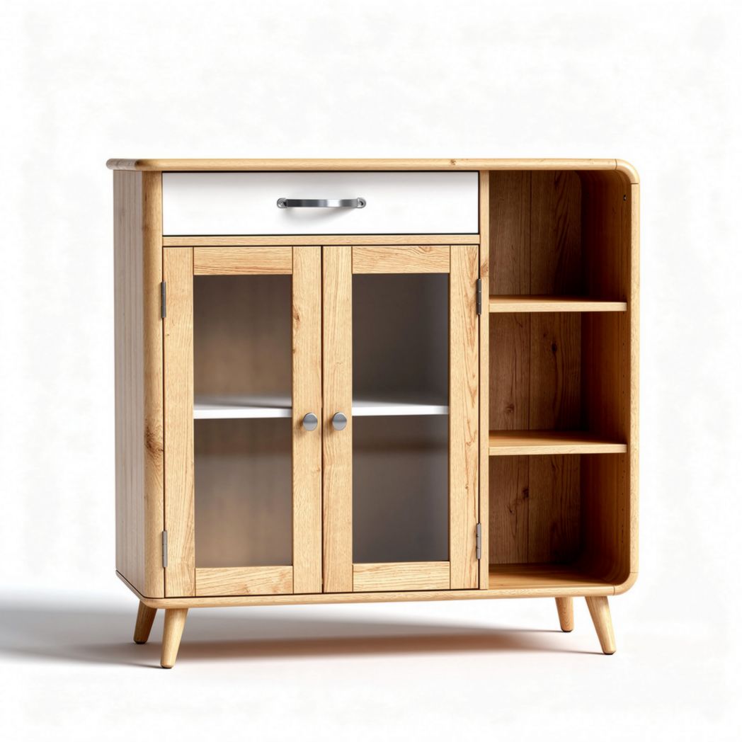 Houten kast met glazen deuren en lade afmetingen 80 x 30 x 75cm